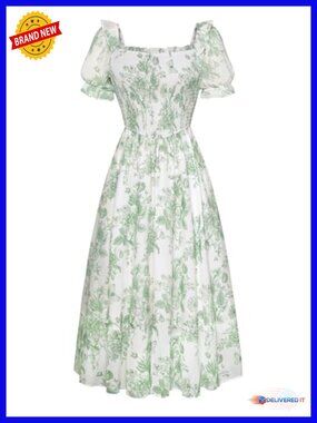 Floral Square Neck Puff Sleeve A-Line Chiffon Wedding Guest Dress